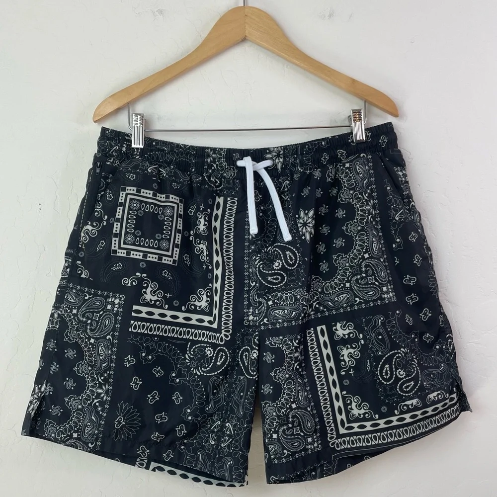 Maison Article Men's Black White Paisley Printed Swim Trunks Shorts Size XL